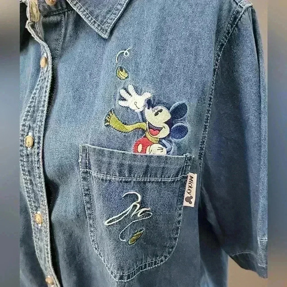 Mickey Unlimited 14W 16W Blue Jean Button Up Top Shirt Mickey Short Sleeve - Picture 2 of 5